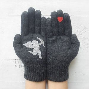 Artist Handmade GREY GLOVES CUPID & RED HEART